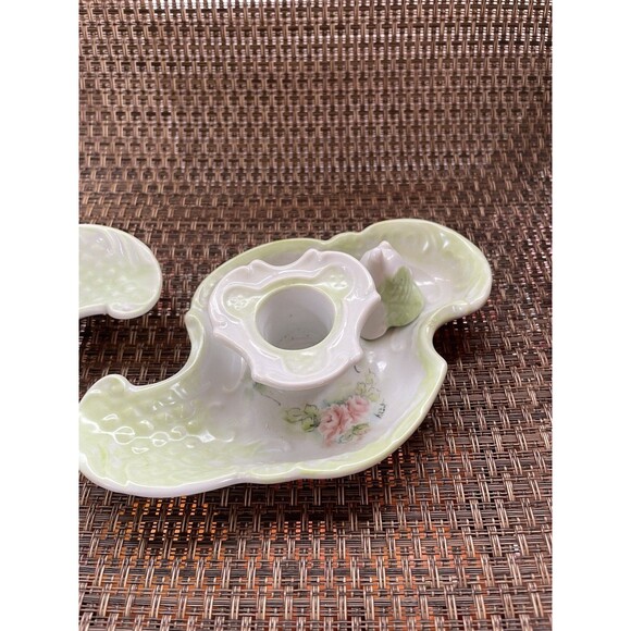 Cottagecore Candle Holder Pair w/ Snuffer Green  & White Victorian Style - Picture 3 of 8